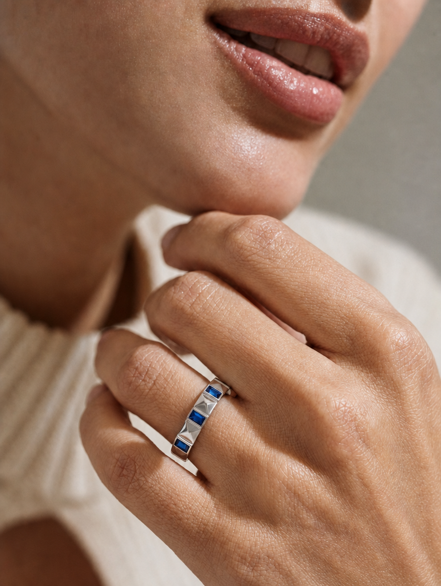 Blue Baguette Pyramid Ring